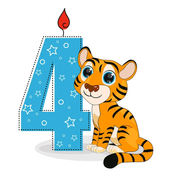 Roztomilý Kreslený Tygr Vektorovou Ilustrací Číslo Čtyři Perfektní Karty Pozvánky — Stockový vektor