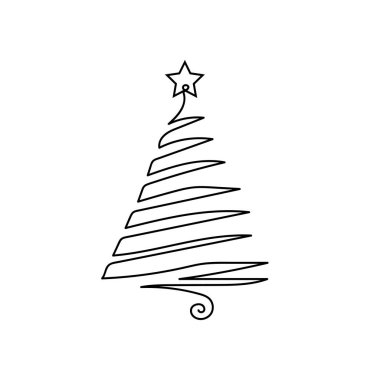 Silüet yıldızlı bir noel ağacının aralıksız bir çizgisi. Asgari düzeyde. Kartlar, parti davetiyeleri, posterler, çıkartmalar, giysiler için mükemmel. Siyah soyut simge. Yeni yıl konsepti.