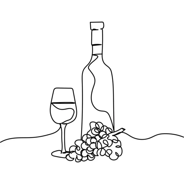 Continuelle Une Ligne Bouteille Vigne Avec Verre Raisins Silhouette Style — Image vectorielle