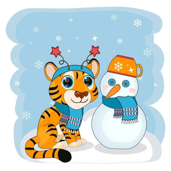Lindo Símbolo Tigre Navidad Dibujos Animados Año Nuevo 2022 Con — Vector de stock