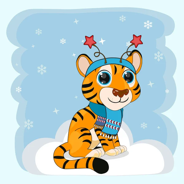 Lindo Símbolo Tigre Navidad Dibujos Animados Año Nuevo 2022 Vector — Vector de stock