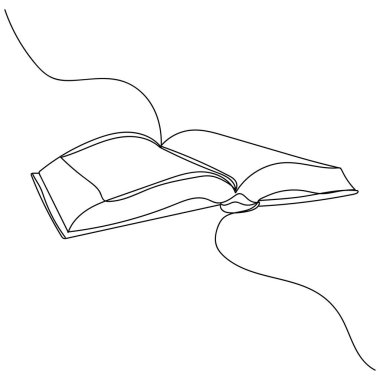 Silüet halinde açık bir kitabın bir satırı sürekli. Asgari düzeyde. Kartlar, parti davetiyeleri, posterler, çıkartmalar, giysiler için mükemmel. Eğitim kavramı