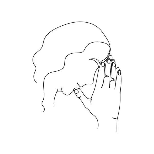 Συνεχής Μια Γραμμή Του Προσώπου Της Γυναίκας Προσεύχεται Χέρια Σιλουέτα — Διανυσματικό Αρχείο
