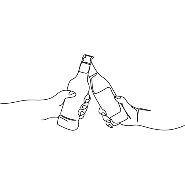Continuo Una Linea Due Mani Che Tengono Due Bottiglie Birra — Vettoriale Stock