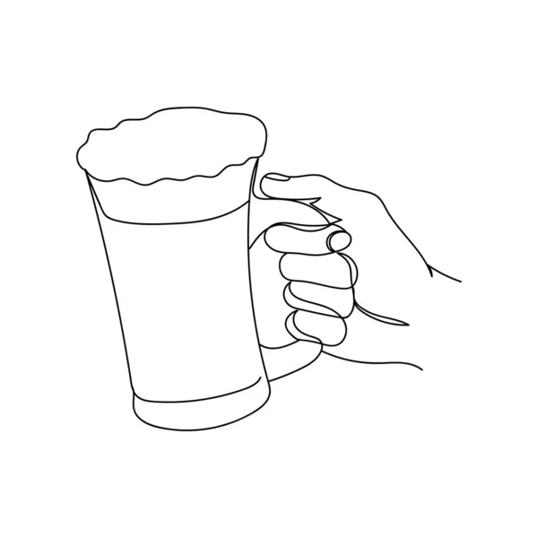 Continuo Una Línea Mano Sosteniendo Una Taza Cerveza Silueta Estilo — Vector de stock