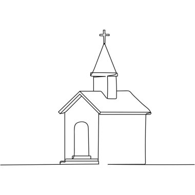 Kilisenin bir satırı siluette durmaksızın devam ediyor. Doğrusal biçimlendirilmiş dua kavramı. Asgari biçim.