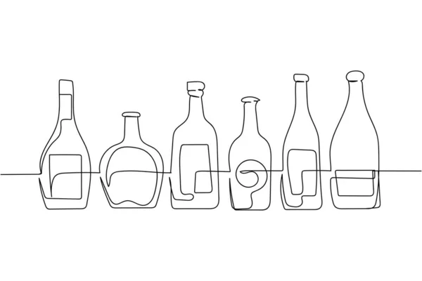 Alkol konsepti için afiş. Siluette bar alkolikleri için bir satır devamlı bir şişe. Doğrusal biçimlendirilmiş. Asgari biçim.