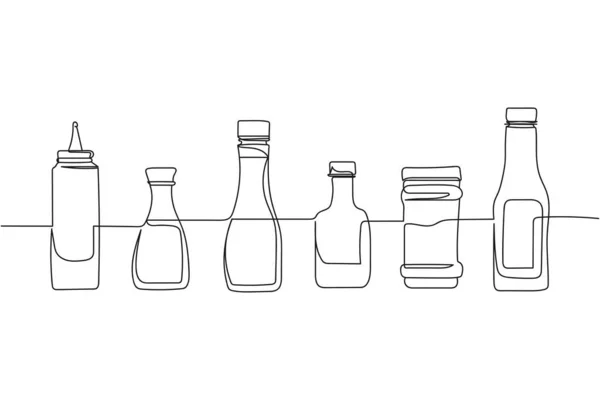 Contínua Uma Linha Garrafas Molhos Silhueta Estilizado Linearmente Minimalista —  Vetores de Stock