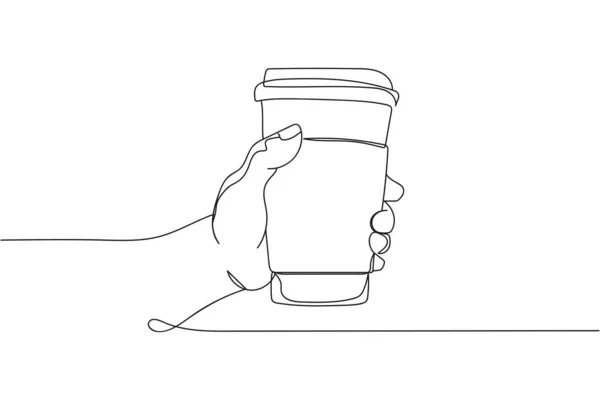 Contínua Uma Linha Mão Segurando Xícara Café Silhueta Estilizado Linearmente — Vetor de Stock