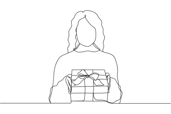 Continuo Una Línea Navidad Año Nuevo Concepto Mujer Con Caja — Vector de stock