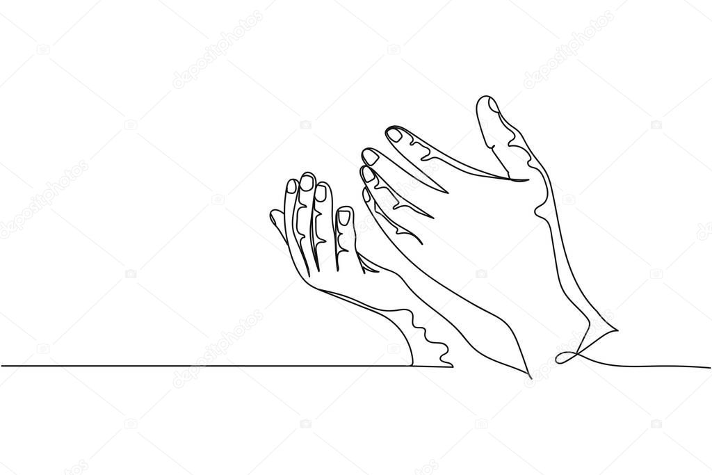 Continuous one line of praying hands in silhouette. Linear stylized.Minimalist.