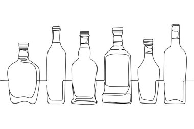 Sürekli bir sıra alkol şişeleri siluette içiyor. Doğrusal biçimlendirilmiş. Minimalist.