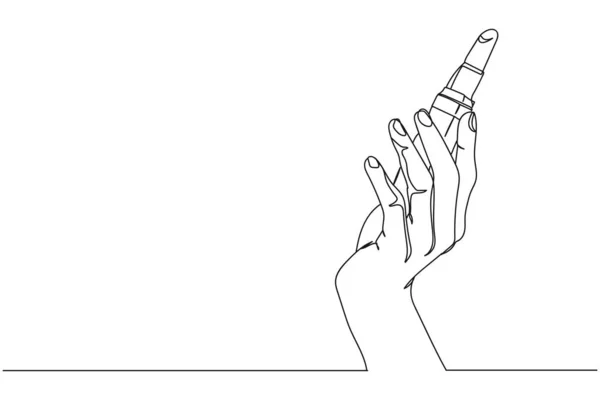 连续一行手握口红在轮廓 线性风格 最小主义者 化妆品概念 — 图库矢量图片