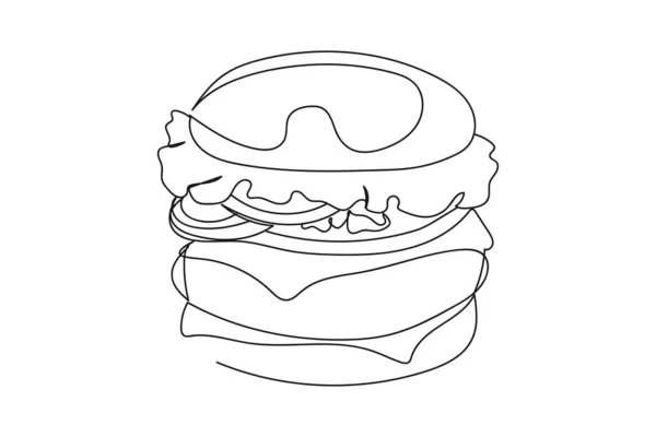 Continuous One Line Hamburger Silhouette Linear Stylized Minimalist Fast Food — Stock Vector