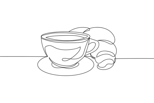 Continuous One Line Hot Coffee Croissant Silhouette Linear Stylized Minimalist — Stok Vektör