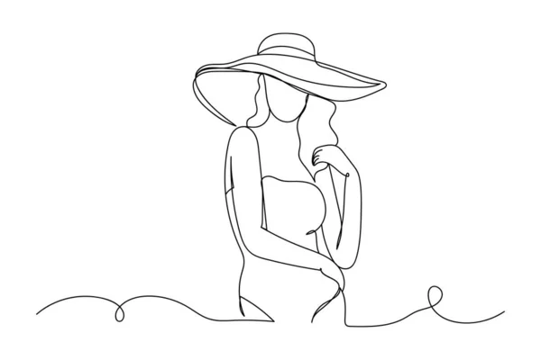 Eine Durchgehende Linie Mädchen Badeanzug Und Hut Mit Großen Feldern — Stockvektor