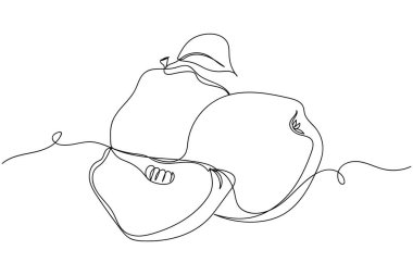 Sürekli bir parça elmalı ayva, bir parça baldırı siluet. Doğrusal stil. Minimalist. Meyve yemeği konsepti