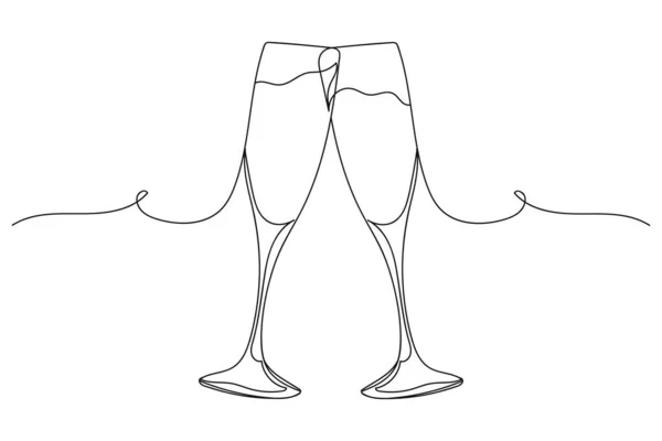 Непрерывная Линия Двух Бокалов Шампанского Силуэте Линейный Стилизованный — стоковый вектор