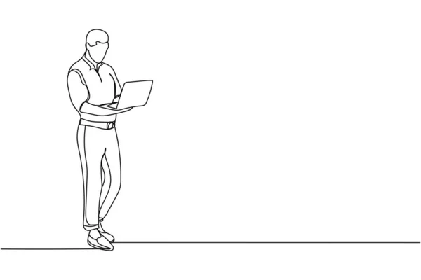 Silüet dizüstü bilgisayarı olan yakışıklı bir adam. Doğrusal stil. Minimalist. İşadamı