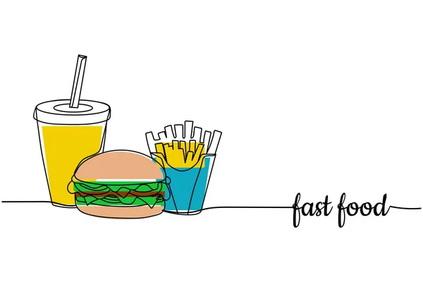 Contínua Uma Linha Pratos Fast Food Isolados Fundo Branco Estilizado — Vetor de Stock