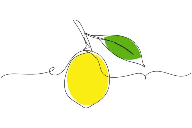 Beyaz arka planda silüet bir dalda sürekli bir dilim limon. Doğrusal biçimlendirilmiş. Minimalist.