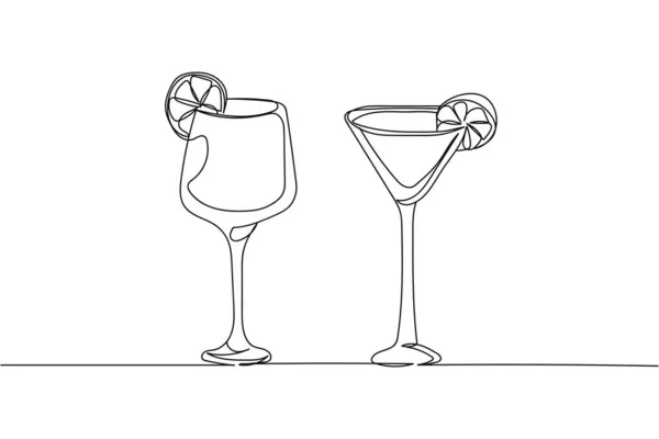 Continuous One Line Two Alcoholic Non Alcoholic Beverages Cocktails Silhouette — Stockový vektor