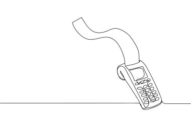 Beyaz arka planda siluet halinde sürekli bir kredi kartı terminali hattı var. Doğrusal biçimlendirilmiş. Minimalist.