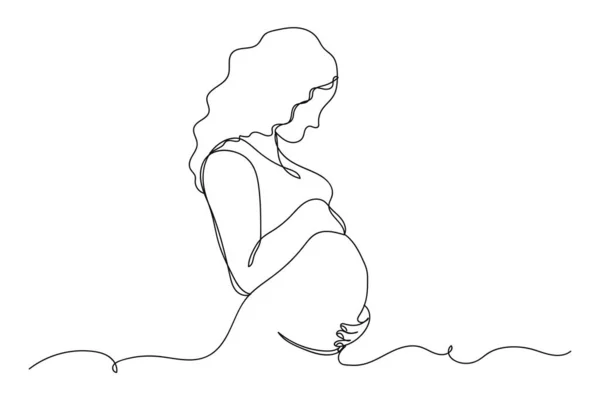 Continuo Una Línea Mujer Embarazada Silueta Sobre Fondo Blanco Linear — Vector de stock