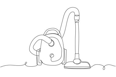 Beyaz bir arka planda sürekli bir sıra elektrik süpürgesi silueti. Doğrusal biçimlendirilmiş. Minimalist.