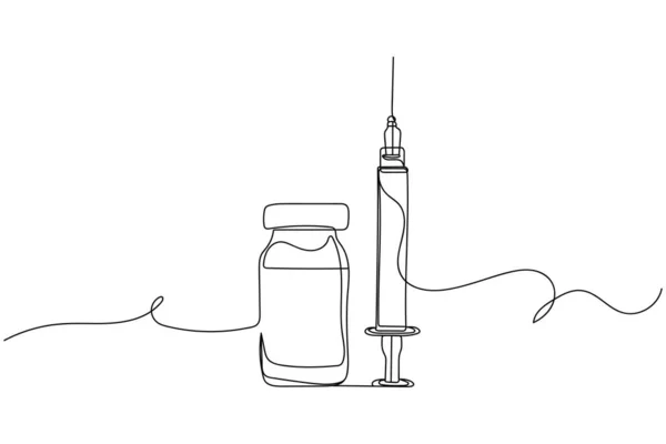 Beyaz arka planda sürekli bir şişe ve şırınga aşısı var. Doğrusal biçimlendirilmiş. Minimalist.