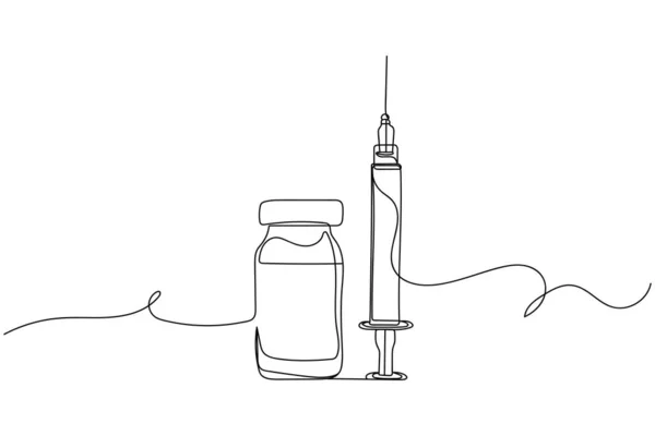 Vacuna Continua Una Línea Frasco Jeringa Silueta Sobre Fondo Blanco — Archivo Imágenes Vectoriales