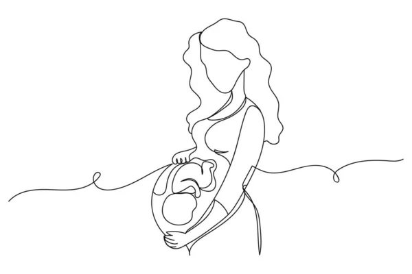 Continuous One Line Beautiful Pregnant Woman Her Child Silhouette White — Stock Vector