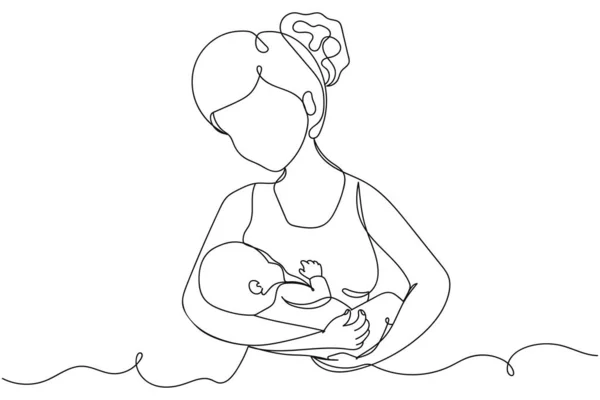 Continuous One Line Beautiful Mother Breastfeeding Her Baby Child Silhouette — Stock Vector