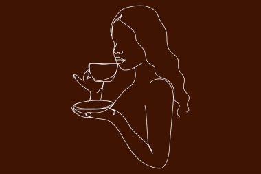 Beyaz arka planda kahve fincanı silueti olan güzel bir kız. Doğrusal biçimlendirilmiş. Minimalist.