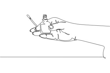 Beyaz bir arka planda, elinde siluetle duran bir şişe ilaç. Doğrusal biçimlendirilmiş. Minimalist.