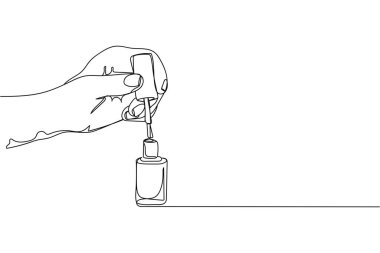 Beyaz bir arka planda, elinde siluet olan sürekli bir tırnak cilası. Doğrusal stil. Minimalist. Güzellik sağlığı