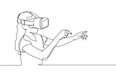 Beyaz bir arka planda siluet kulaklık takmak için sürekli bir kız çizgisi. Doğrusal stil. Minimalist. Dijital teknoloji