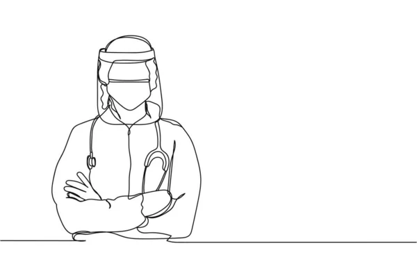 Continu Une Ligne Costume Ppe Médecin Silhouette Sur Fond Blanc — Image vectorielle