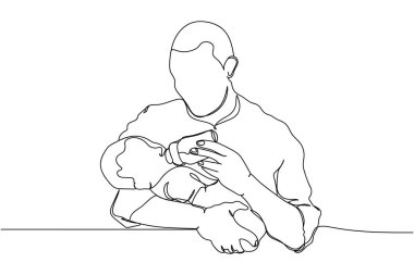 Beyaz arka planda küçük bir bebeği olan, siluet içinde doğan bir adam. Doğrusal stil. Minimalist. Babalar Günü konsepti