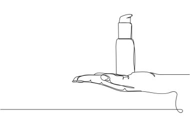 Beyaz bir arka planda kozmetik kremini siluette tutan bir el çizgisi devam ediyor. Doğrusal biçimlendirilmiş. Minimalist.