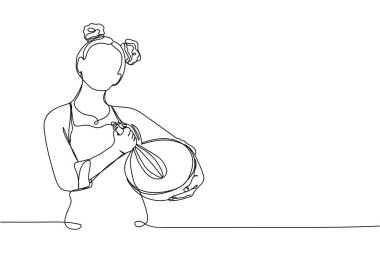 Önlüklü, kâseli ve beyaz arka planda silueti olan sürekli bir aşçı kadın çizgisi. Doğrusal stil. Minimalist. Yemek pişirme konsepti