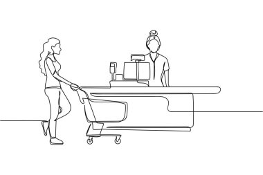 Beyaz bir arka planda süpermarkette siluette alışveriş yapan tek bir kişi var. Doğrusal biçimlendirilmiş. Minimalist.