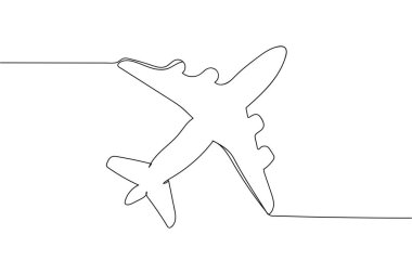 Beyaz arkaplanda siluet halinde bir çizgi halinde durmaksızın devam eden bir düzlem simgesi. Doğrusal biçimlendirilmiş. Minimalist.