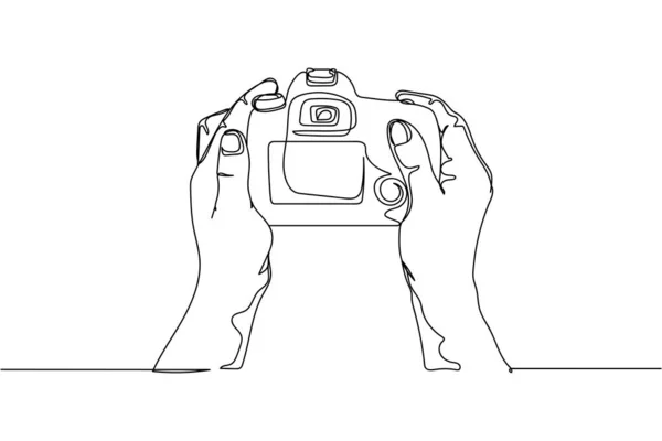 Continuous One Line Hand Holding Photo Camera Silhouette White Background — Stock Vector