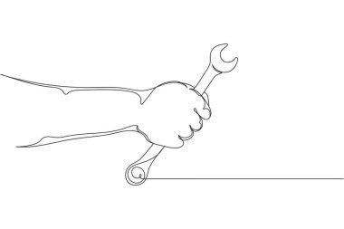 Beyaz bir arkaplanda silüet olarak bir satır sürekli mekanik el anahtarı tutma aracı. Doğrusal biçimlendirilmiş. Minimalist.