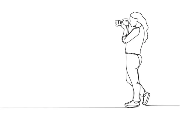 连续一行女性摄影师在一个白色背景的轮廓 线性风格 极简主义 — 图库矢量图片