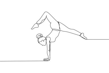 Beyaz arka planda ritmik jimnastik yapan sürekli bir atletik kadın çizgisi. Doğrusal biçimlendirilmiş. Minimalist.