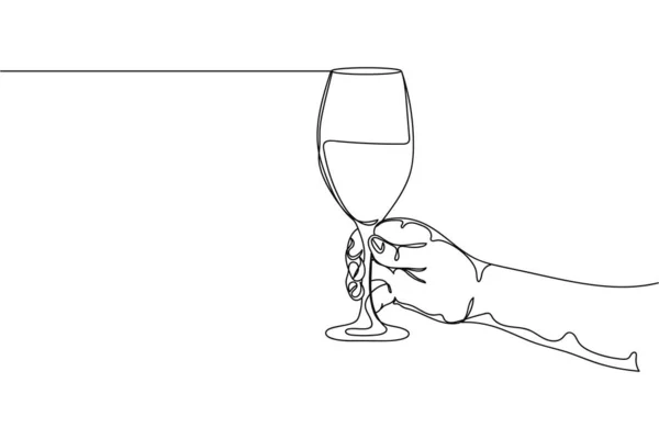 Continu Une Ligne Main Tenant Verre Vin Sur Fond Blanc — Image vectorielle