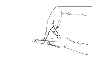 Parmaklar şeklinde sürekli bir çizgi halinde beyaz arka planda açık avuç içi silüetinde yürür. Doğrusal biçimlendirilmiş. Minimalist.