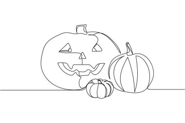 Beyaz arka planda cadılar bayramı balkabakları siluetinde kesintisiz bir çizgi. Doğrusal biçimlendirilmiş. Minimalist.